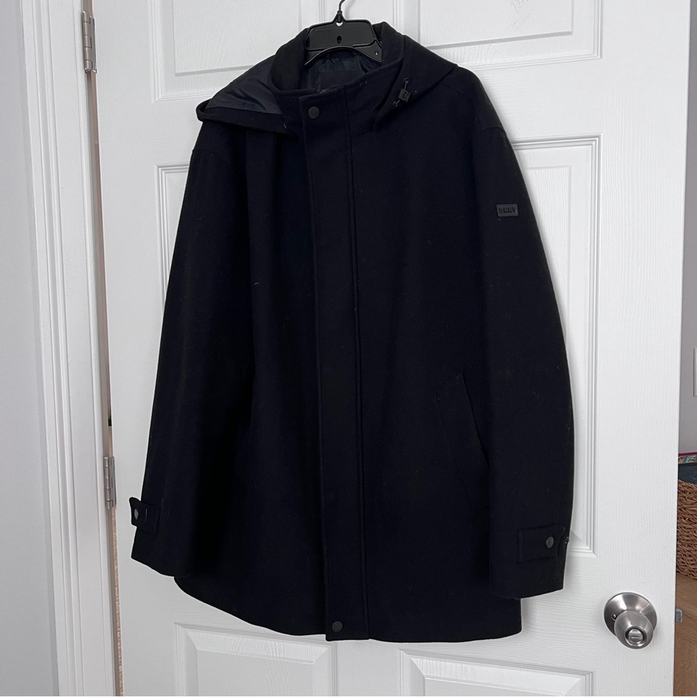 DKNY Men's Sleek Black Overcoat Top Coat Wool Blend